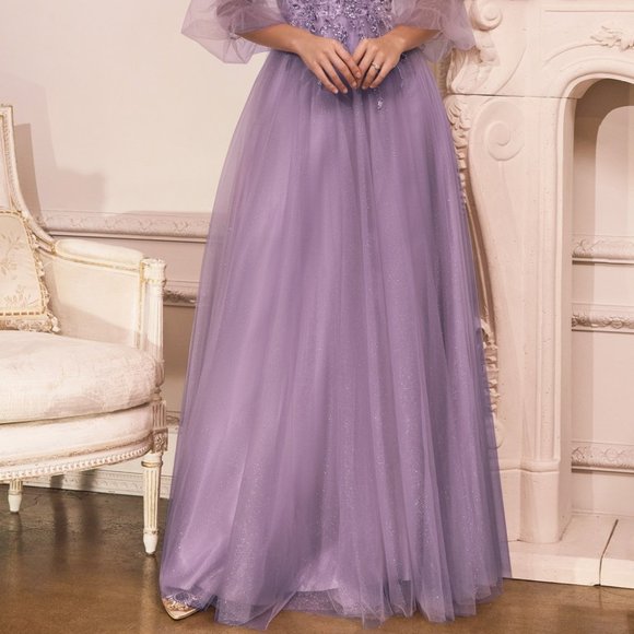 ENGLISH VIOLET PROM PARTY PUFFY SLEEVES A-LINE GLITTER TULLE A-LINE DRESS cd0182 - Picture 2 of 8
